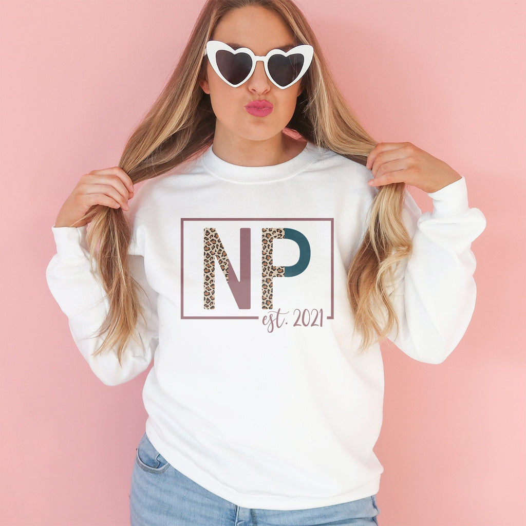 NP Sweatshirt - Nurse Established Est, Nurse Practitioner Shirt - Nursing School Grad - Leopard / Cheetah - Unisex Crewneck Sweatshirt