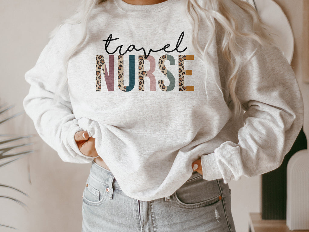 Travel Nurse Sweatshirt, Traveling Nurse Gift, Nurse Appreciation, Leopard/Cheetah, Nursing School Student Grad, Unisex Crewneck Sweatshirt