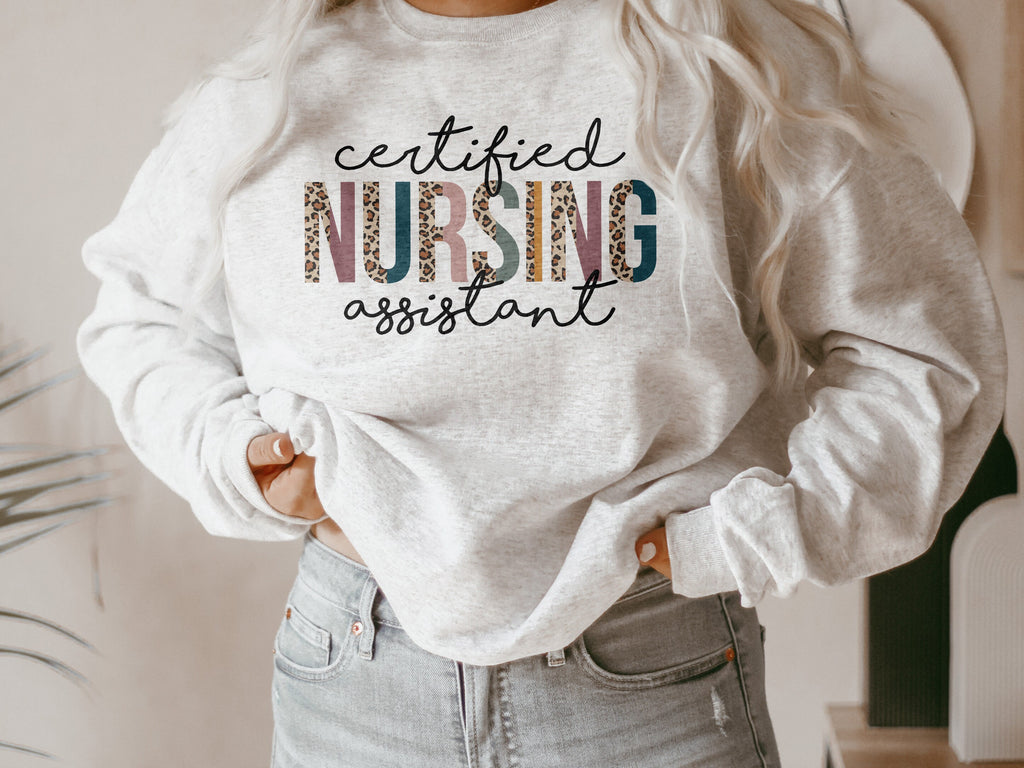 CNA Sweatshirt, Certified Nursing Assistant Gift, Leopard/Cheetah Animal Print, Healthcare Worker, Nurses Aid, Unisex Crewneck Sweatshirt