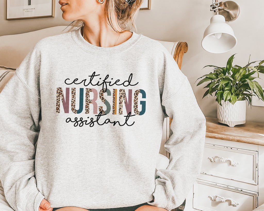 CNA Sweatshirt, Certified Nursing Assistant Gift, Leopard/Cheetah Animal Print, Healthcare Worker, Nurses Aid, Unisex Crewneck Sweatshirt