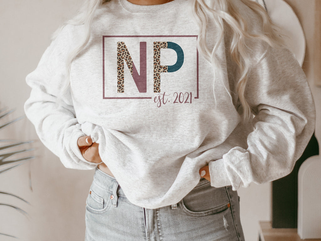 NP Sweatshirt - Nurse Established Est, Nurse Practitioner Shirt - Nursing School Grad - Leopard / Cheetah - Unisex Crewneck Sweatshirt