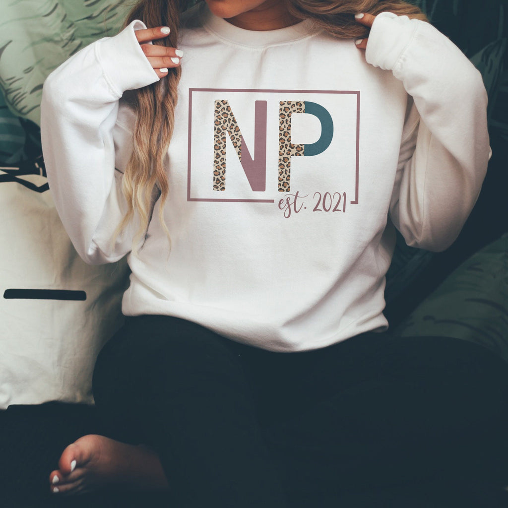 NP Sweatshirt - Nurse Established Est, Nurse Practitioner Shirt - Nursing School Grad - Leopard / Cheetah - Unisex Crewneck Sweatshirt