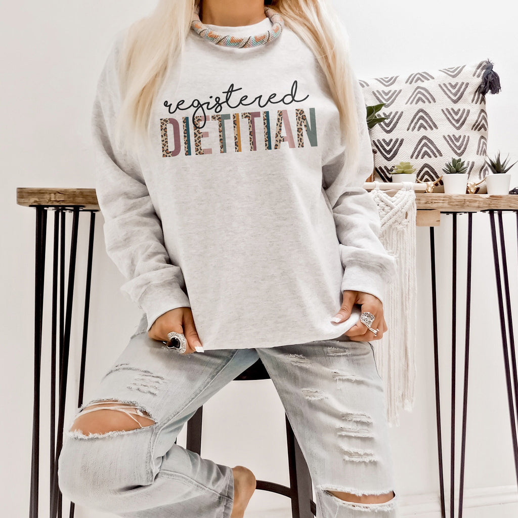 Dietitian Sweatshirt, Dietetics Gift, RD Shirt, Registered Dietitian Grad, Gift For Her, Leopard / Cheetah Print, Unisex Crewneck Sweatshirt