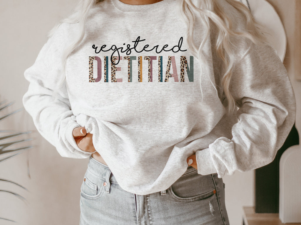 Dietitian Sweatshirt, Dietetics Gift, RD Shirt, Registered Dietitian Grad, Gift For Her, Leopard / Cheetah Print, Unisex Crewneck Sweatshirt