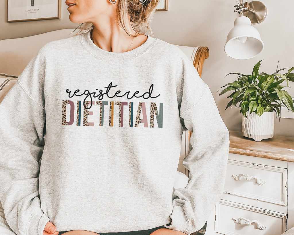 Dietitian Sweatshirt, Dietetics Gift, RD Shirt, Registered Dietitian Grad, Gift For Her, Leopard / Cheetah Print, Unisex Crewneck Sweatshirt