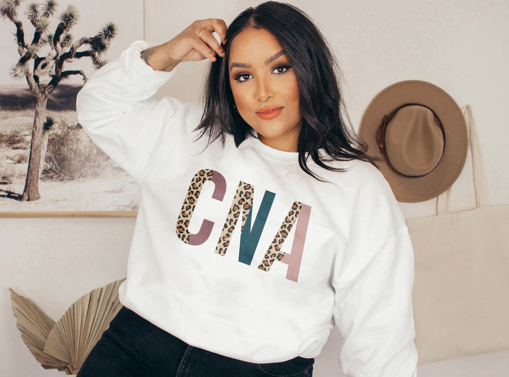 CNA Sweatshirt, Certified Nursing Assistant Gift, Leopard/Cheetah Animal Print, Healthcare Worker, Nurses Aid, Unisex Crewneck Sweatshirt