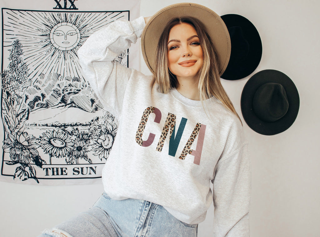 CNA Sweatshirt, Certified Nursing Assistant Gift, Leopard/Cheetah Animal Print, Healthcare Worker, Nurses Aid, Unisex Crewneck Sweatshirt