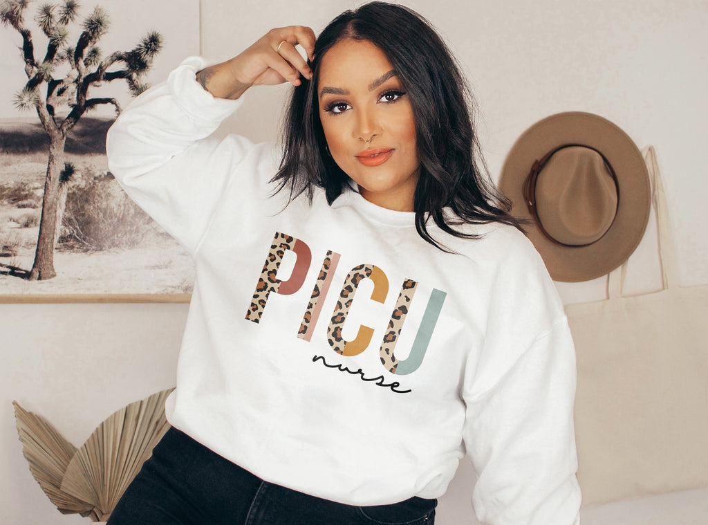 PICU Nurse Sweatshirt New, Pediatric Intensive Care Unit, Student Nurse, Nursing School Grad, Leopard Cheetah, Unisex Crewneck Sweatshirt