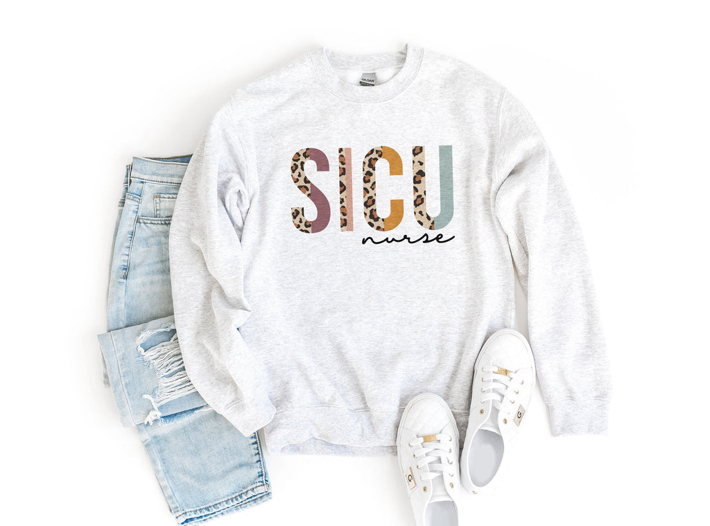 SICU Nurse Sweatshirt, Surgical Intensive Care Unit, Surgery Student Nurse, Nursing School Grad, Leopard Cheetah, Unisex Crewneck Sweatshirt