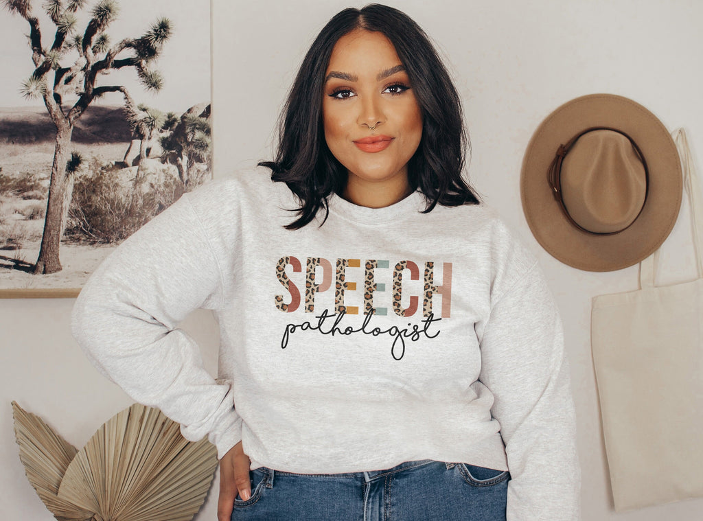 Speech Pathologist Sweatshirt, SLP Gift, Language Pathology Therapist, Leopard Cheetah, Matching Group Team, Unisex Crewneck Sweatshirt