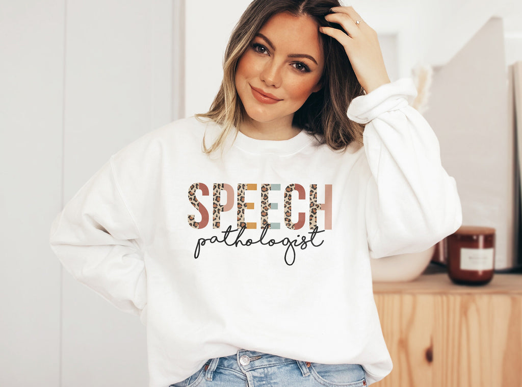 Speech Pathologist Sweatshirt, SLP Gift, Language Pathology Therapist, Leopard Cheetah, Matching Group Team, Unisex Crewneck Sweatshirt