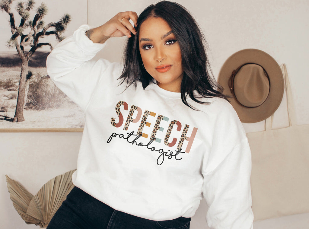 Speech Pathologist Sweatshirt, SLP Gift, Language Pathology Therapist, Leopard Cheetah, Matching Group Team, Unisex Crewneck Sweatshirt