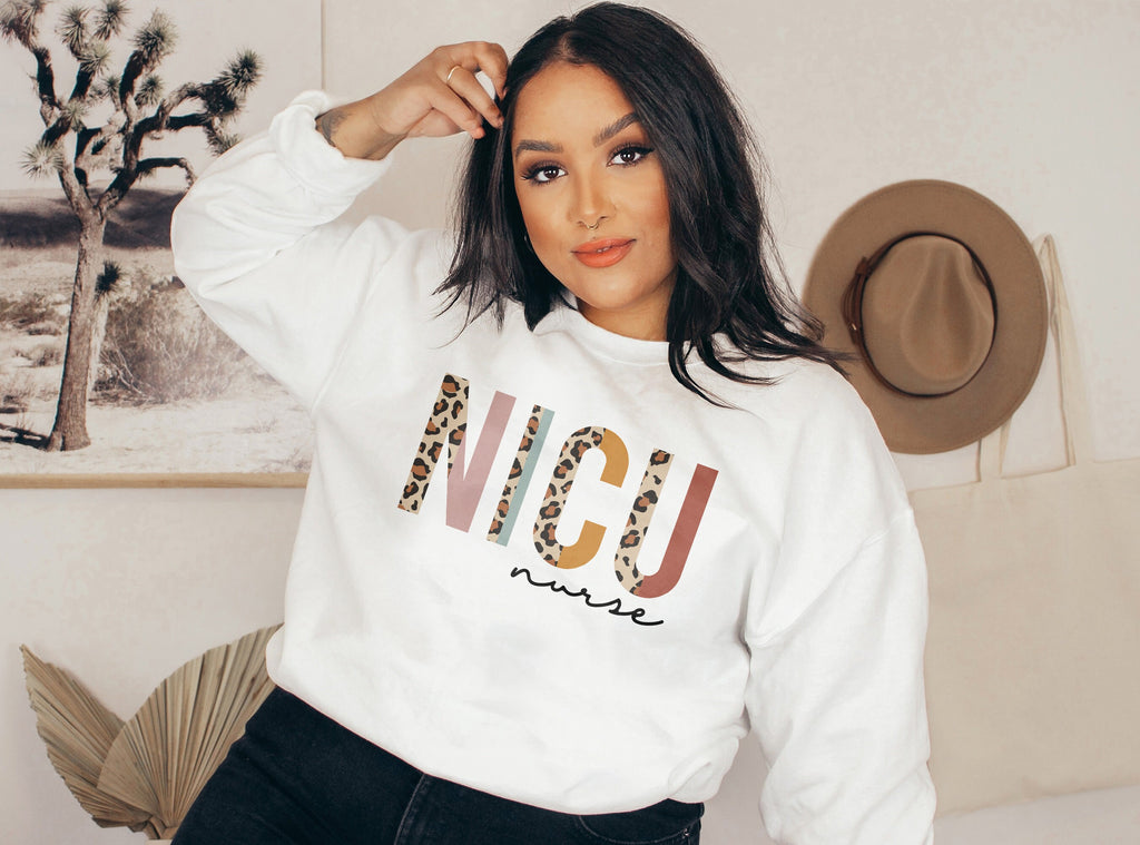 NICU Nurse Sweatshirt - Neonatal Intensive Care Unit - Nursing School Grad Student - Leopard / Cheetah - Unisex Crewneck Sweatshirt