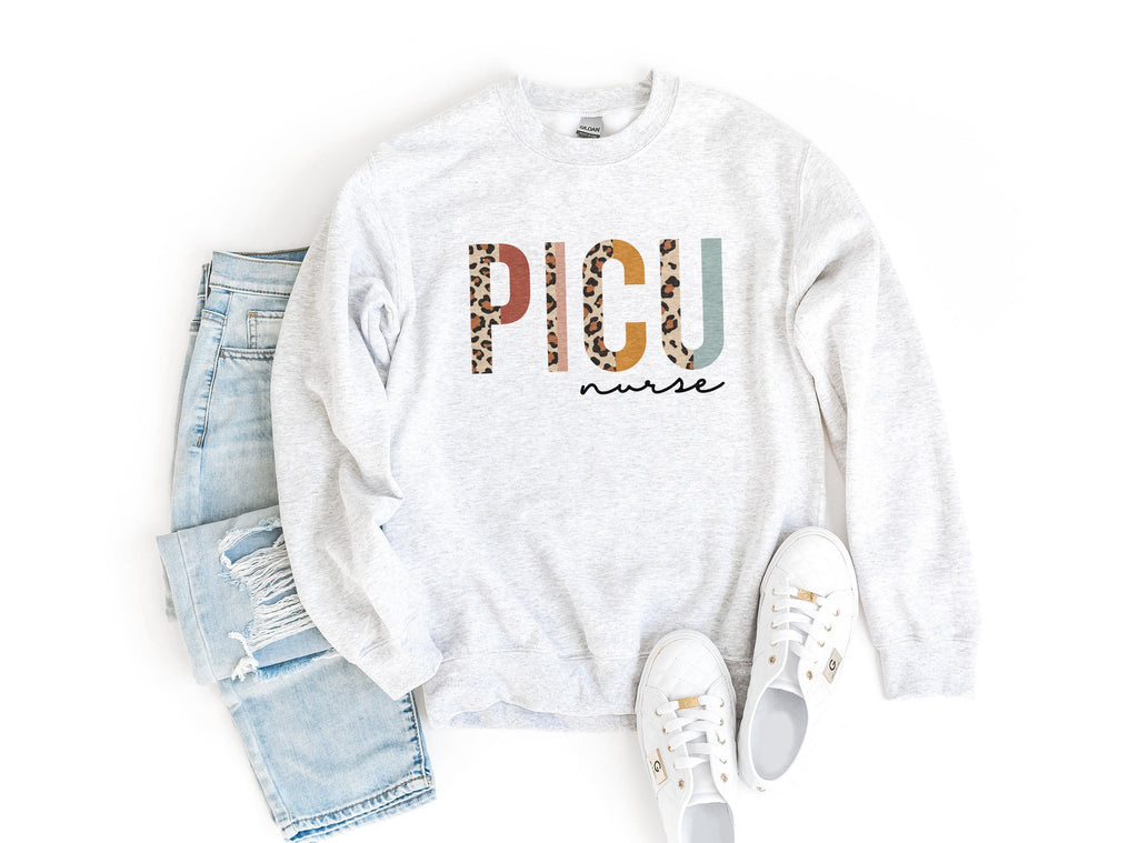 PICU Nurse Sweatshirt New, Pediatric Intensive Care Unit, Student Nurse, Nursing School Grad, Leopard Cheetah, Unisex Crewneck Sweatshirt