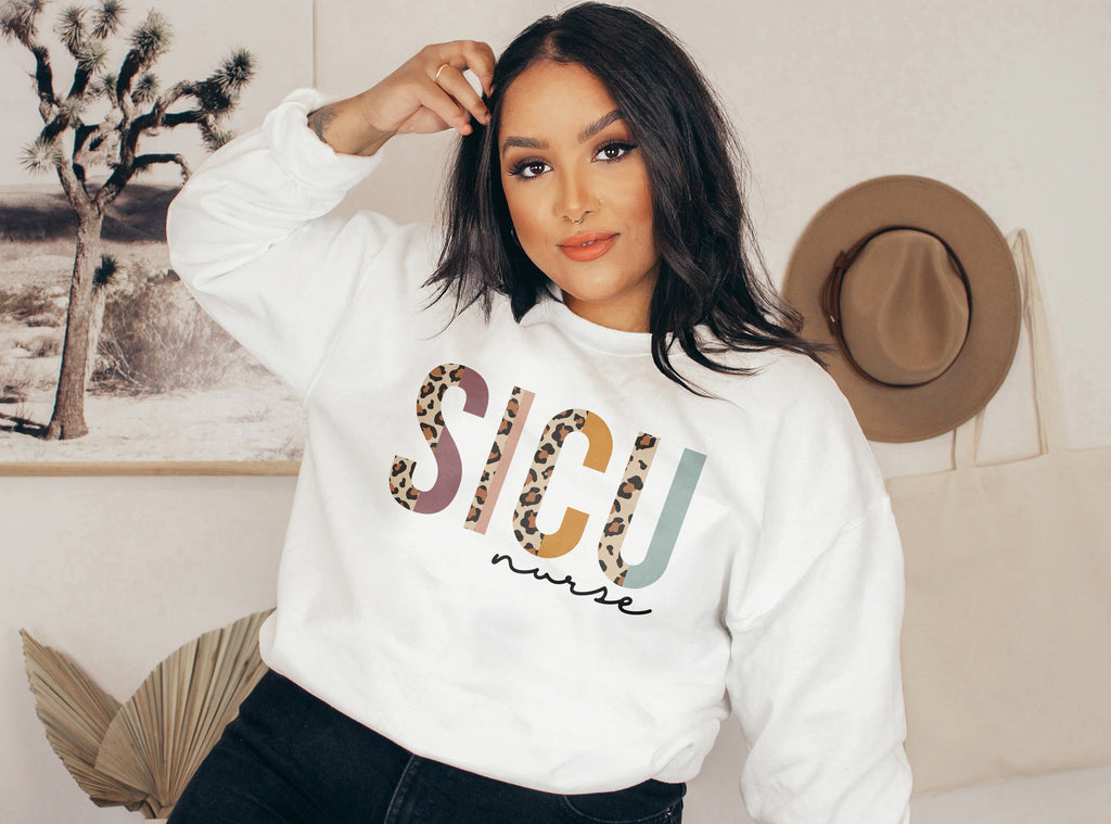 SICU Nurse Sweatshirt, Surgical Intensive Care Unit, Surgery Student Nurse, Nursing School Grad, Leopard Cheetah, Unisex Crewneck Sweatshirt