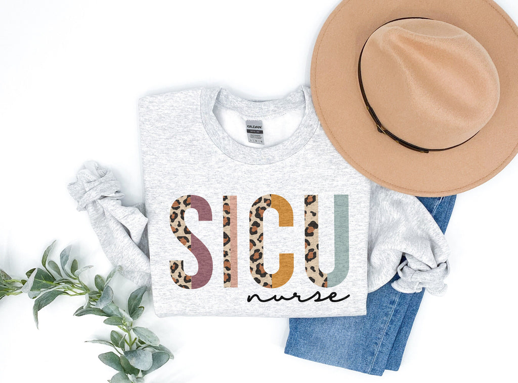 SICU Nurse Sweatshirt, Surgical Intensive Care Unit, Surgery Student Nurse, Nursing School Grad, Leopard Cheetah, Unisex Crewneck Sweatshirt