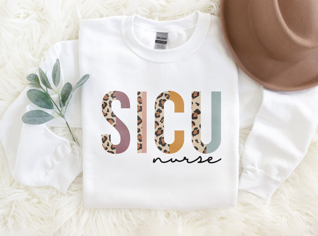SICU Nurse Sweatshirt, Surgical Intensive Care Unit, Surgery Student Nurse, Nursing School Grad, Leopard Cheetah, Unisex Crewneck Sweatshirt