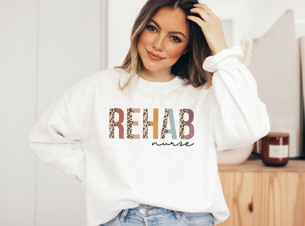 Rehab Nurse Sweatshirt, Certified Rehabilitation Nursing School, New Student Nurse, Leopard Cheetah, Unisex Crewneck Sweatshirt