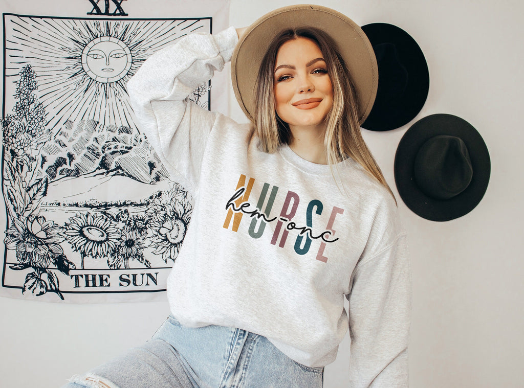 Hem Onc Nurse Multicolor Sweatshirt - Hematology / Oncology Nurse Shirt - Gift For Student Nurse - Nursing School Grad - Unisex Crewneck