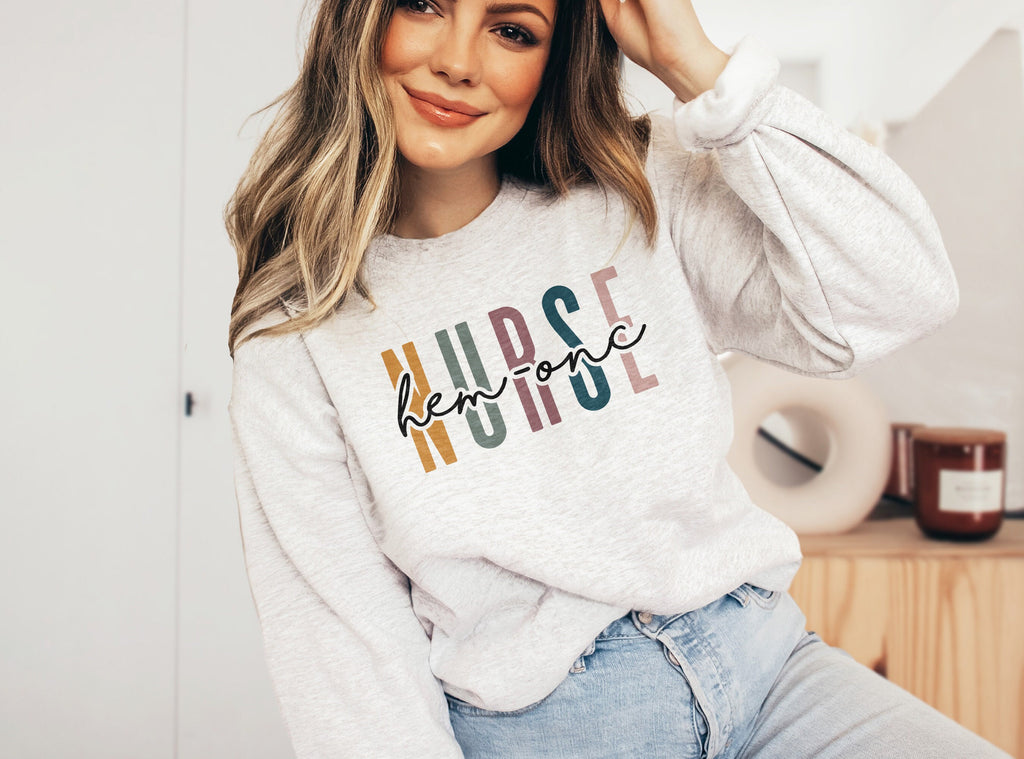 Hem Onc Nurse Multicolor Sweatshirt - Hematology / Oncology Nurse Shirt - Gift For Student Nurse - Nursing School Grad - Unisex Crewneck